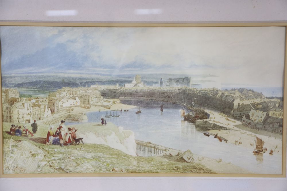 David Cox Jr, watercolour, A hilly landscape, signed and dated 1856, 26 x 36.5cm and a colour print after Cotman